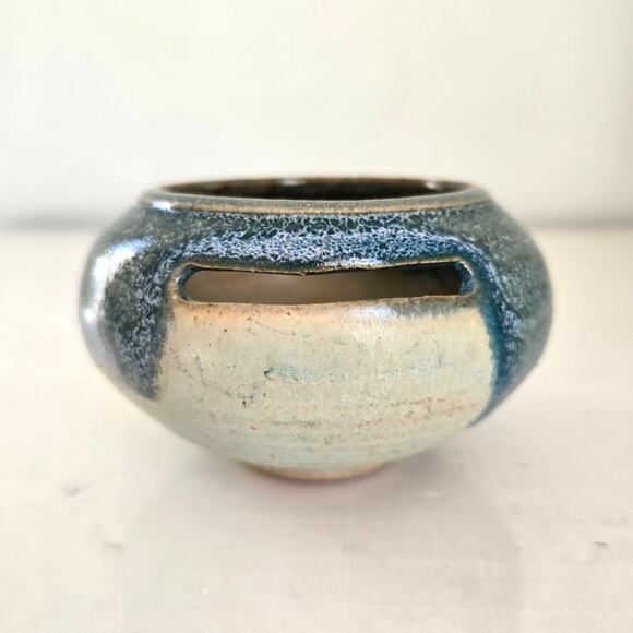 Vintage Studio Pottery Bowl Small Glazed Blue Turquoise Cream Boho Western Art - Picture 1 of 11